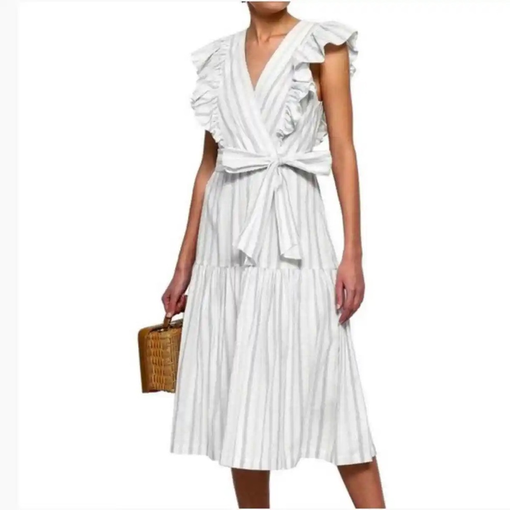 Rebecca Taylor Blue White Stripe Ruffled Tie Waist Cotton Midi Dress Size 6